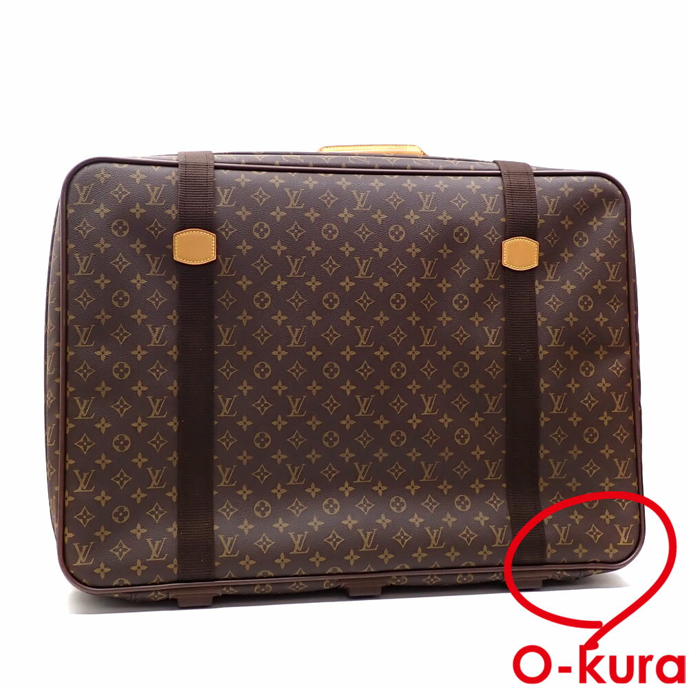 Front view of the Louis Vuitton Monogram Satellite 70 suitcase showing monogram canvas, two brown straps, and leather trim.