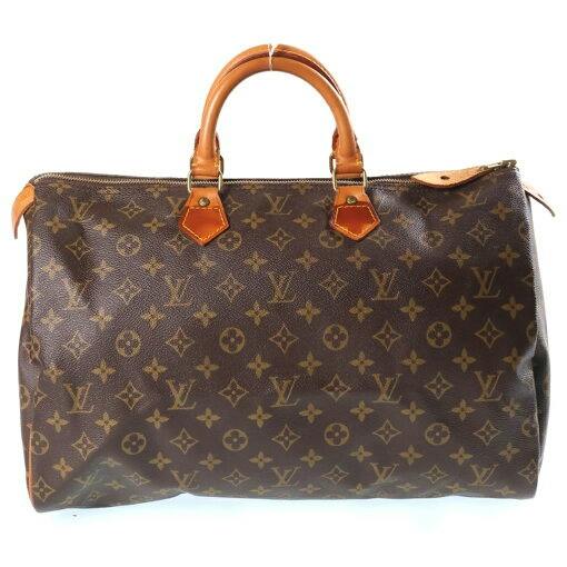 Front view of a brown Louis Vuitton Monogram Speedy 40 handbag showing the monogram canvas and top handles.