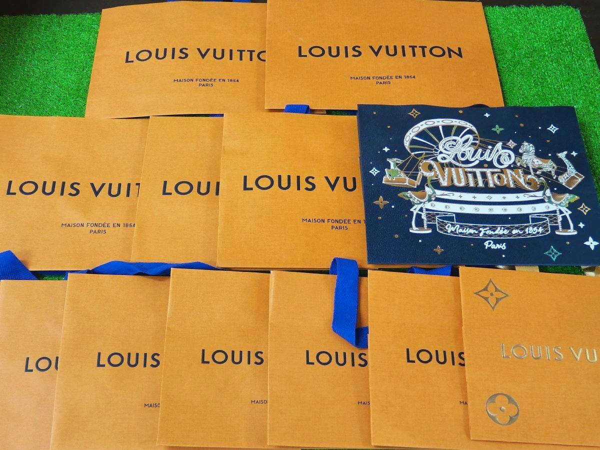 A spread of Louis Vuitton orange paper shopping bags in small and medium sizes on a green surface, with one dark decorative bag at the right.