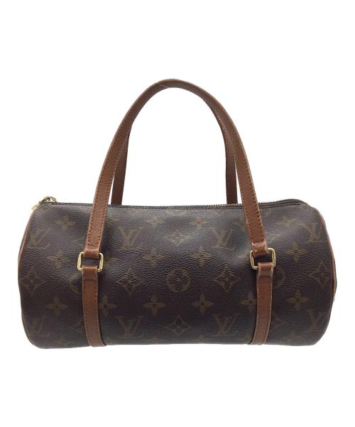 Brown monogram Papillon 26 cow leather barrel bag with two top handles on a white background.