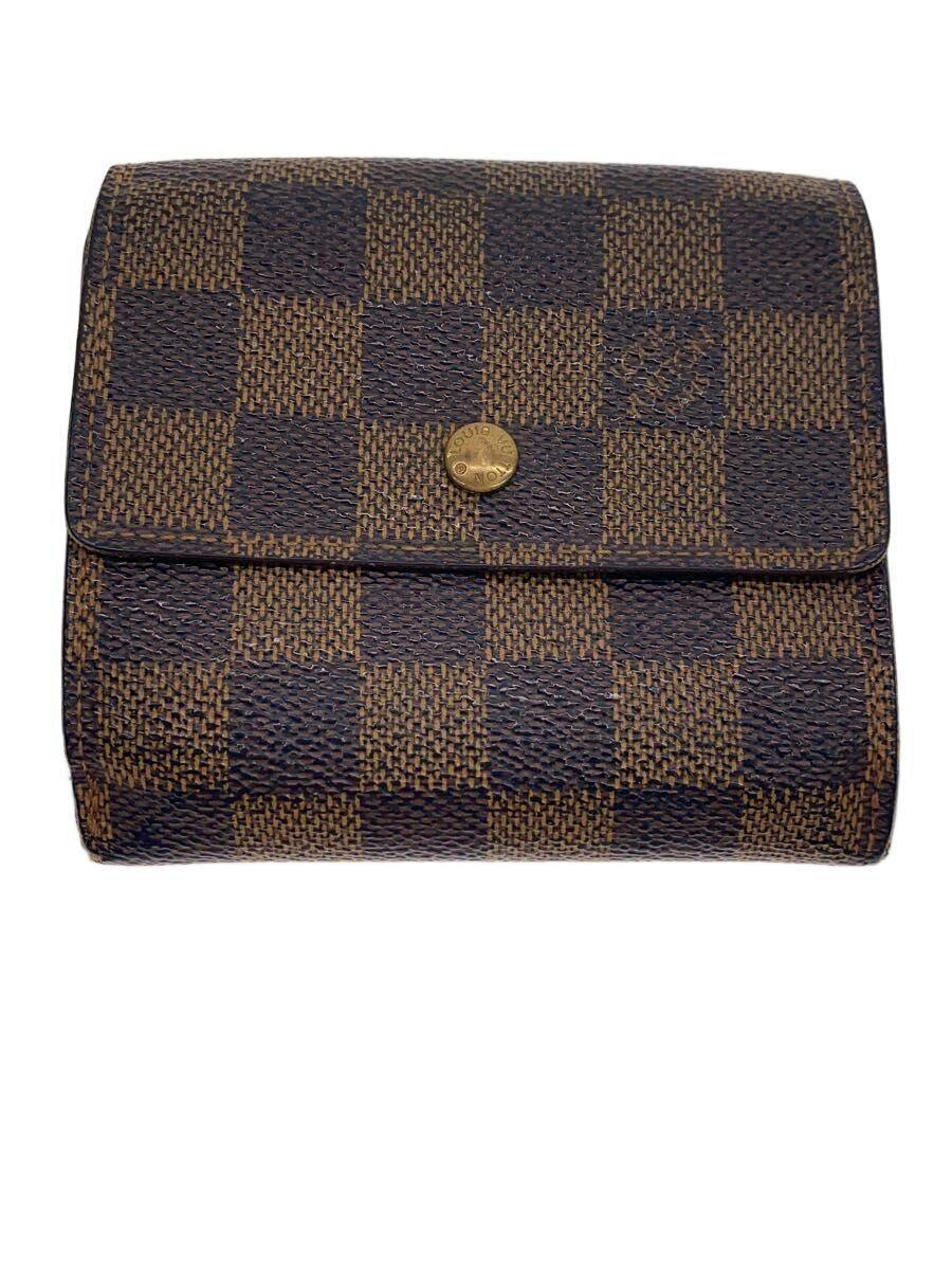 Front view of a Louis Vuitton Damier Ébène wallet with flap and gold snap button.