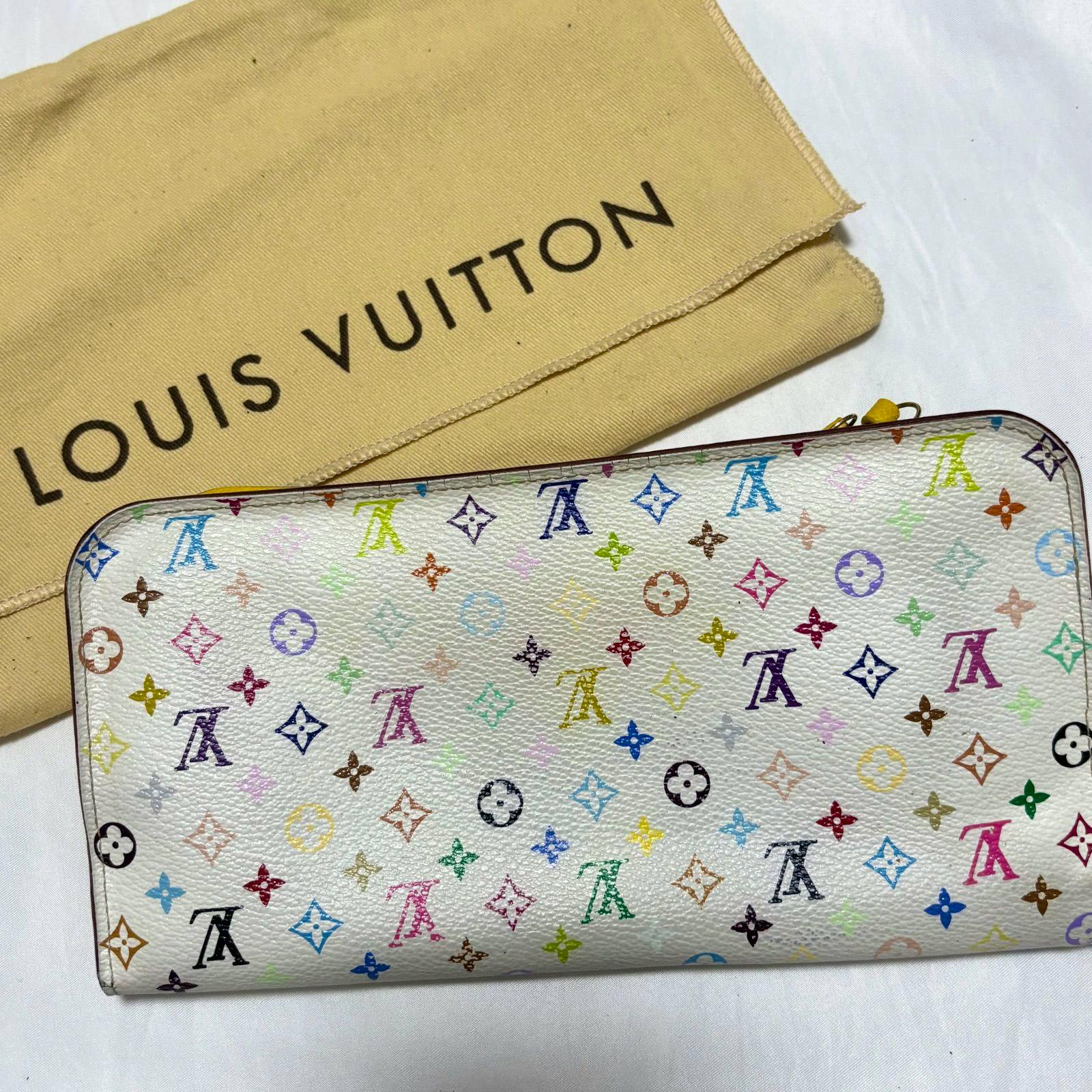 White Louis Vuitton multicolor monogram long wallet shown with a beige Louis Vuitton dust bag.
