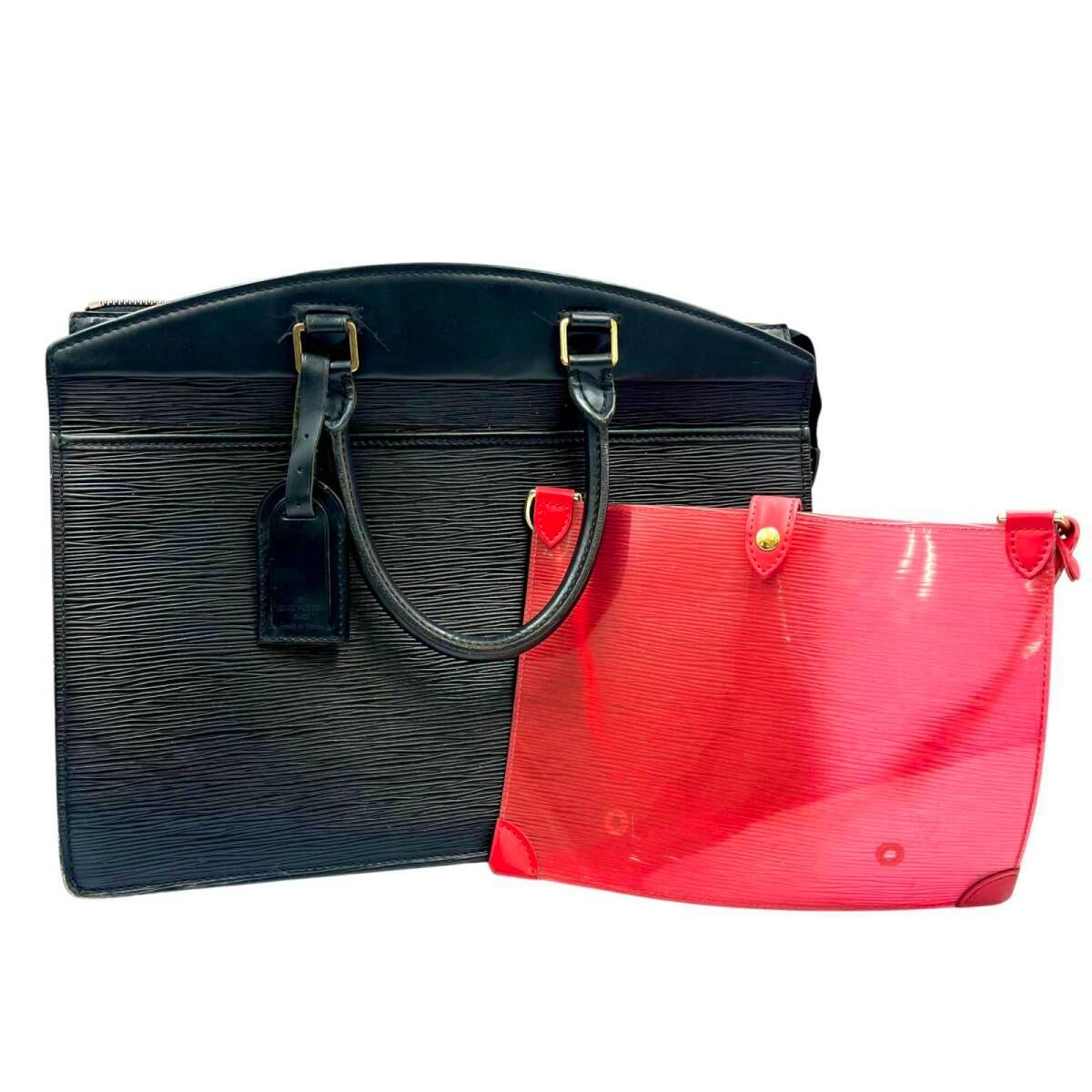Two Louis Vuitton bags, a black Epi leather tote and a red vinyl pouch, shown on a white background.