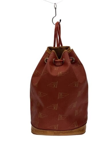 LOUIS VUITTON Saint-Tropez 1995 Vuitton Cup limited brown leather drawstring bucket bag with all-over pattern hanging from a hook.
