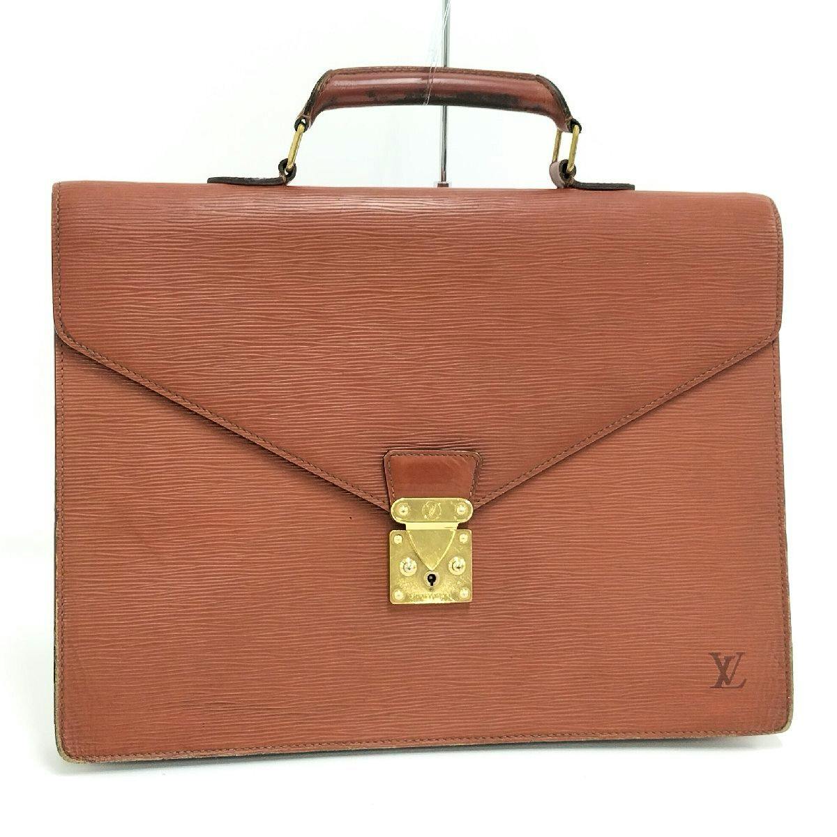 Front view of a Louis Vuitton Epi Ambassador business bag with a top handle and gold-tone front lock.