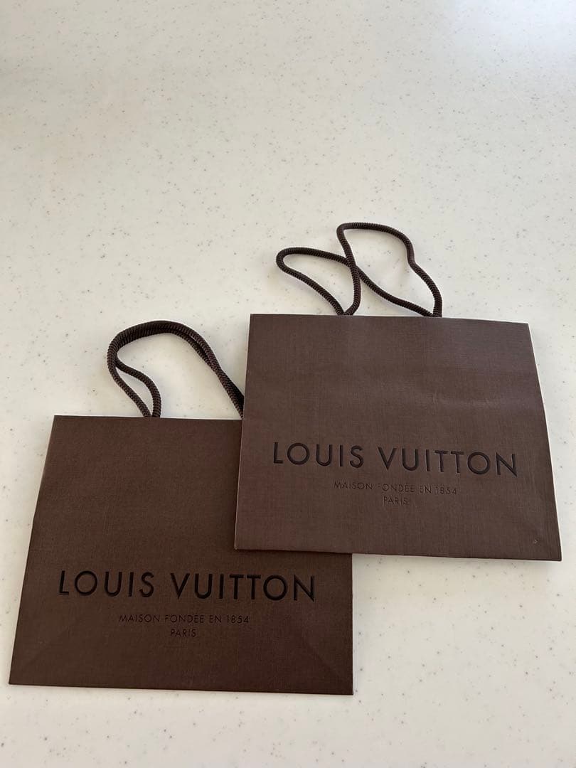 Two brown Louis Vuitton paper shopper bags with handles laid flat on a light surface.