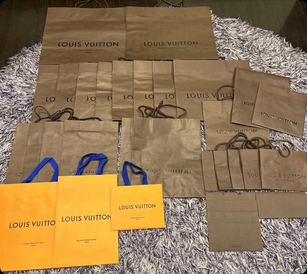 Multiple Louis Vuitton paper shopping bags in various sizes laid out on a rug.