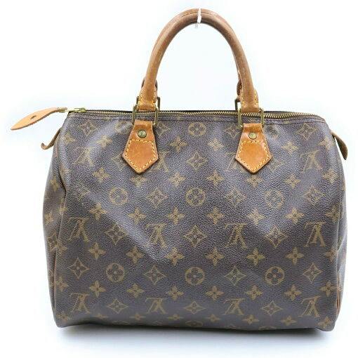 Front view of the LOUIS VUITTON Speedy30 brown monogram PVC leather handbag with leather handles.