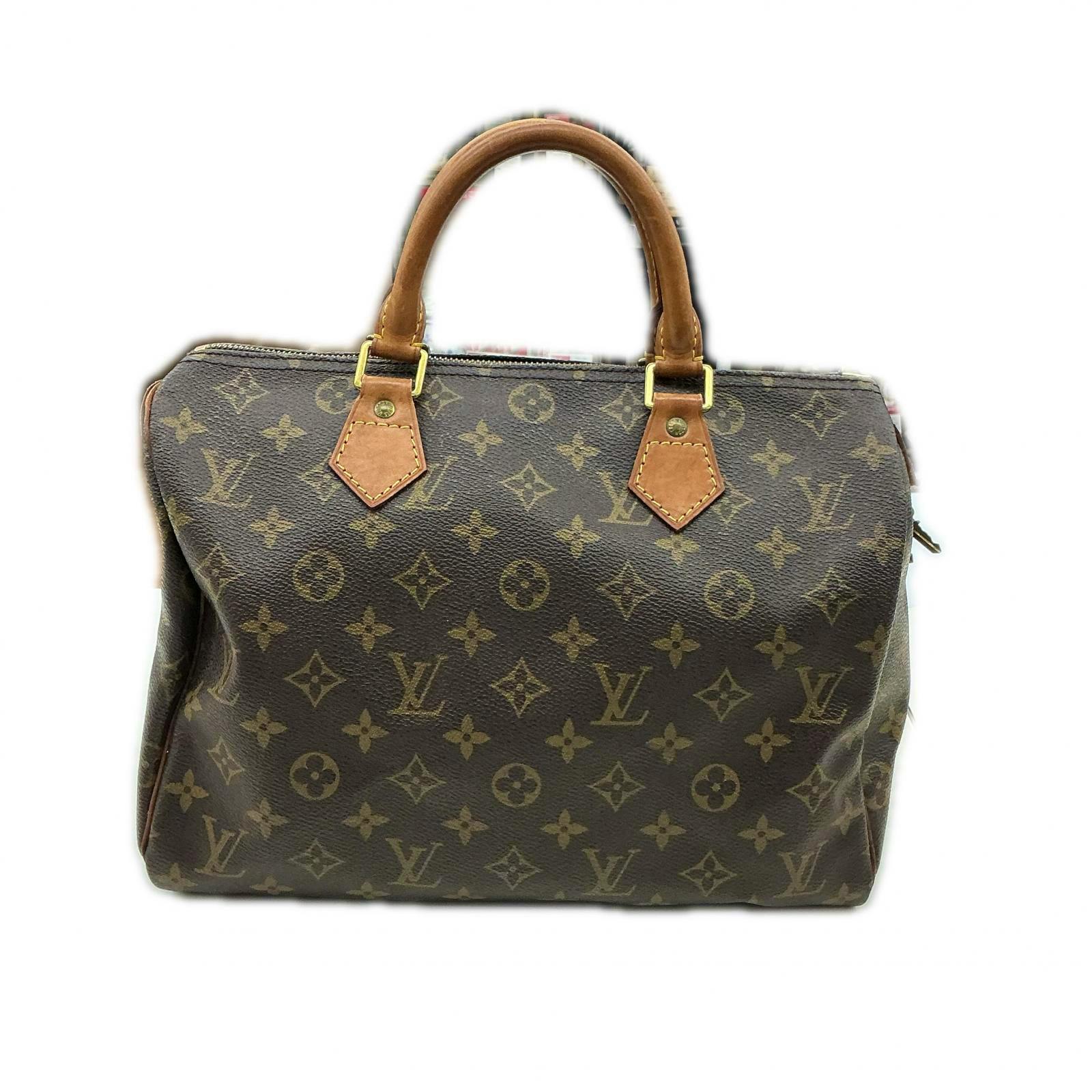 Front view of the Louis Vuitton Speedy 30 monogram canvas bag showing the top handles and monogram pattern.