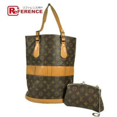 Brown Louis Vuitton monogram Bucket GM tote bag with matching monogram pouch on a white background.