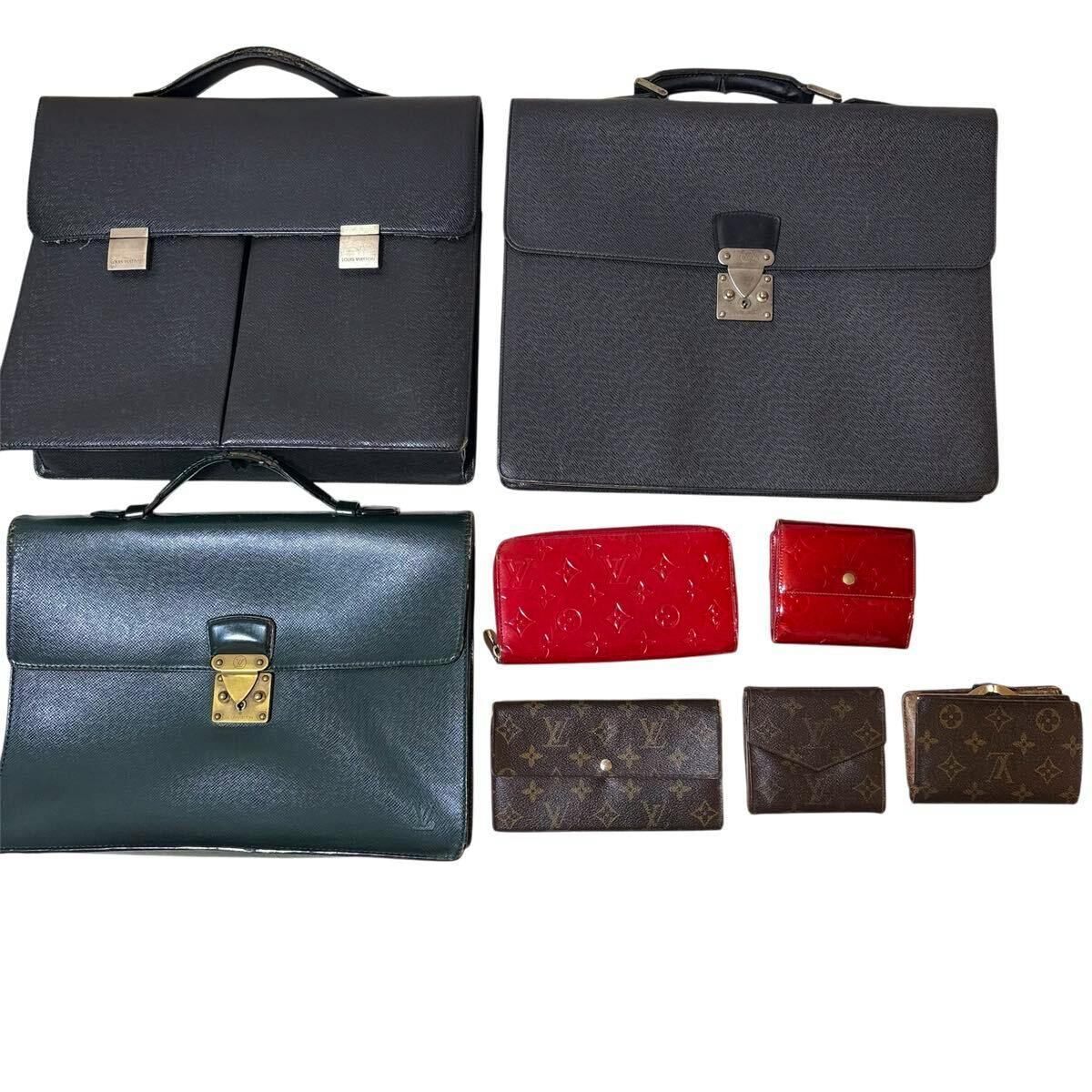 Three Louis Vuitton business bags and five Louis Vuitton wallets laid out on a white background.