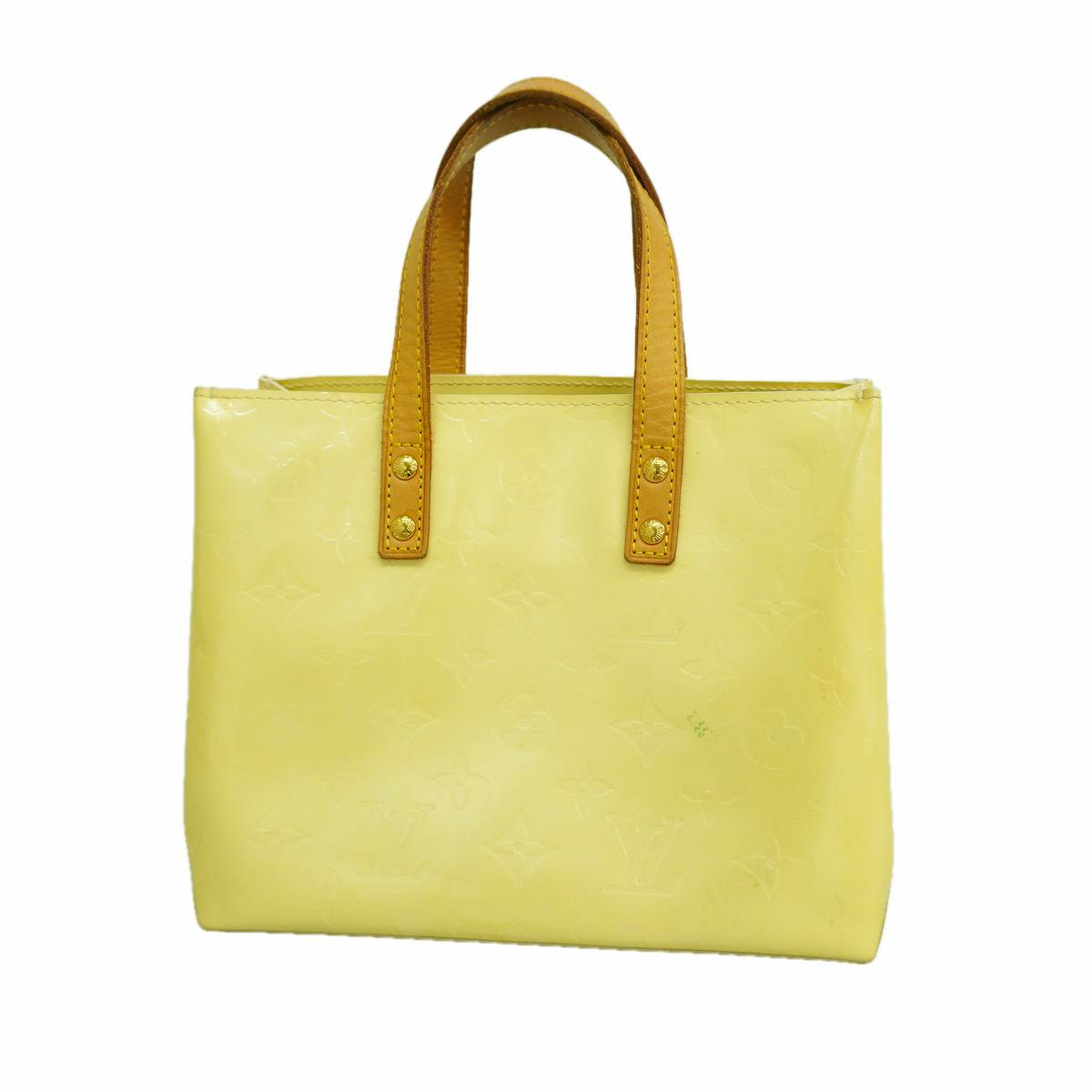 Louis Vuitton Vernis Reed PM (M91336) pearl handbag with two top handles and embossed monogram pattern.