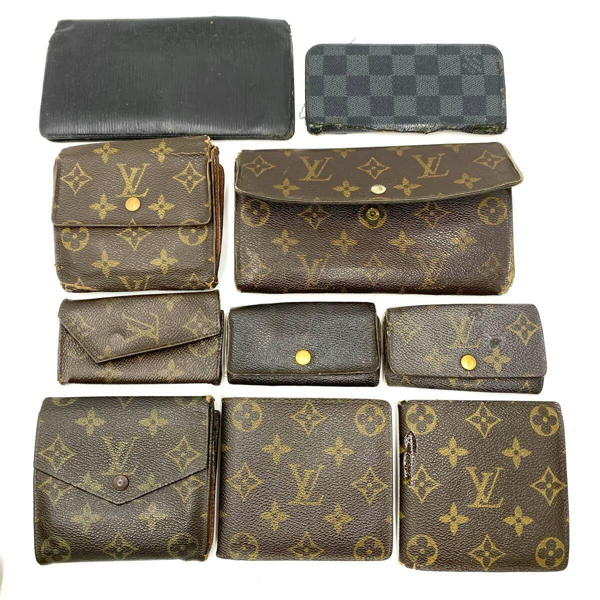 Ten Louis Vuitton wallets and small leather goods laid out on a white background, showing monogram and Damier patterns.