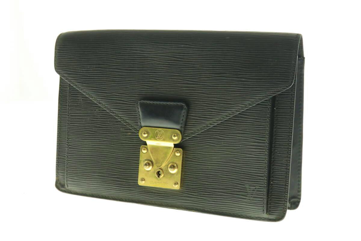 Black Louis Vuitton Epi leather clutch bag shown front-facing with a gold-tone lock on the flap.