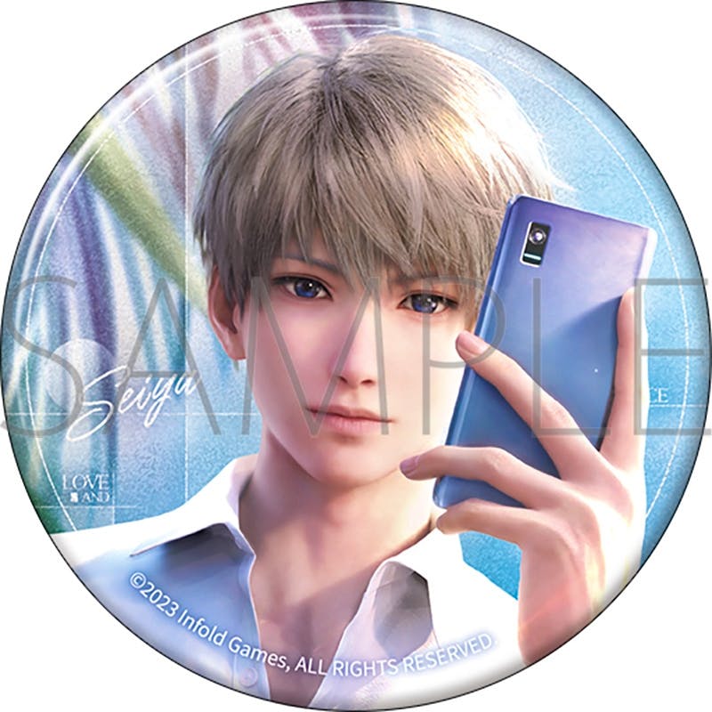 Round can badge showing an illustrated portrait of Seiya holding a smartphone.
