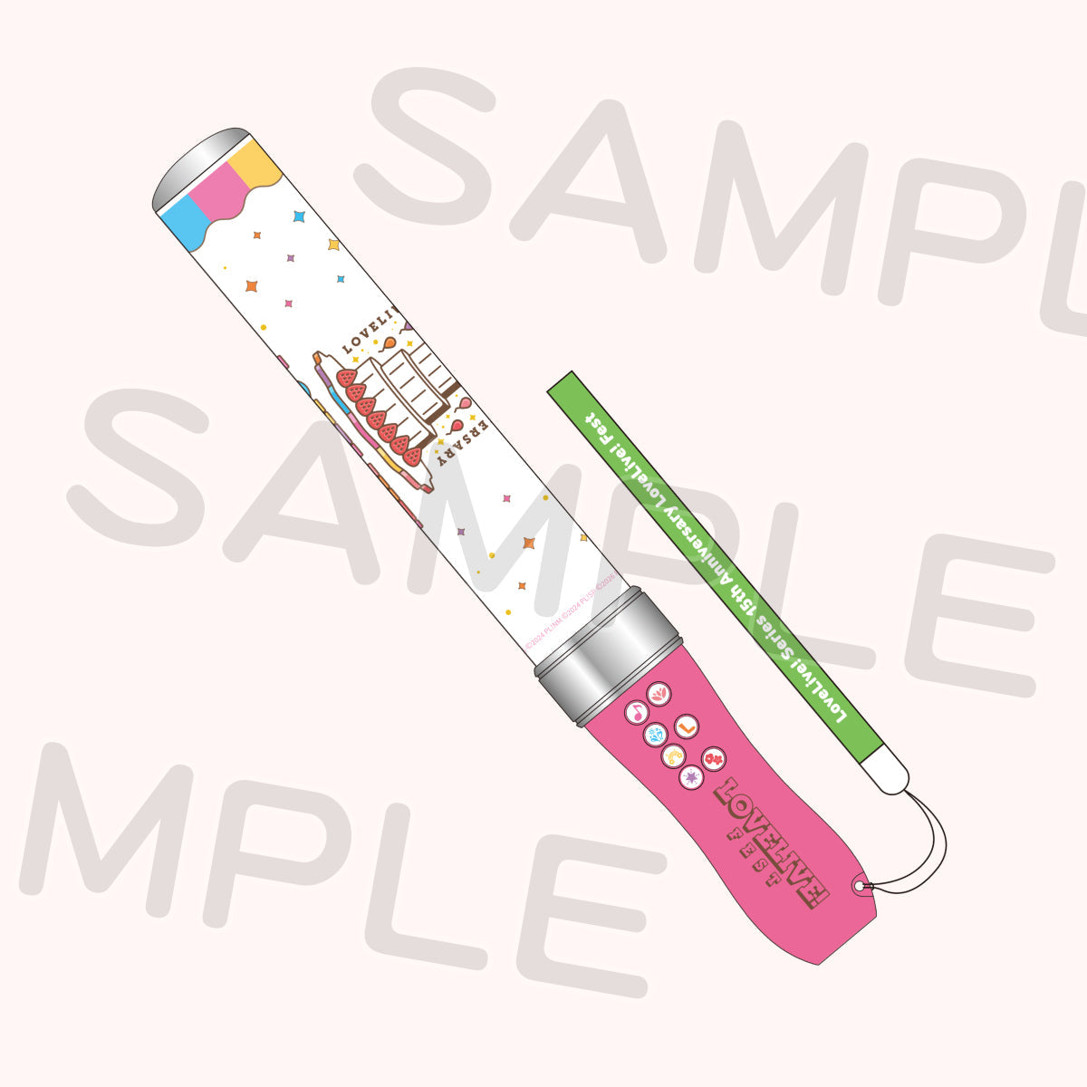 Illustrated sample image of the pen light showing a pink handle with control buttons, a decorated clear tube featuring a cake graphic, and a wrist strap.