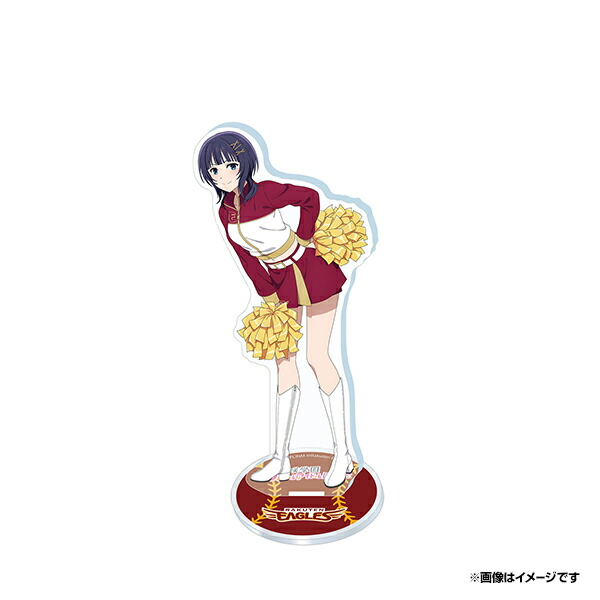 Acrylic decorative stand of Asaka Karin (Love Live! Nijigasaki) in a cheerleader outfit holding pom-poms on its round base against a white background.