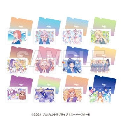 Twelve illustrated clear file folder designs from TV anime "Love Live! Superstar!!" shown as sample front artworks with their colored backs.