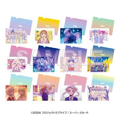 Grid showing twelve illustrated clear-file designs from the TV anime "Love Live! Superstar!!" as sample images.