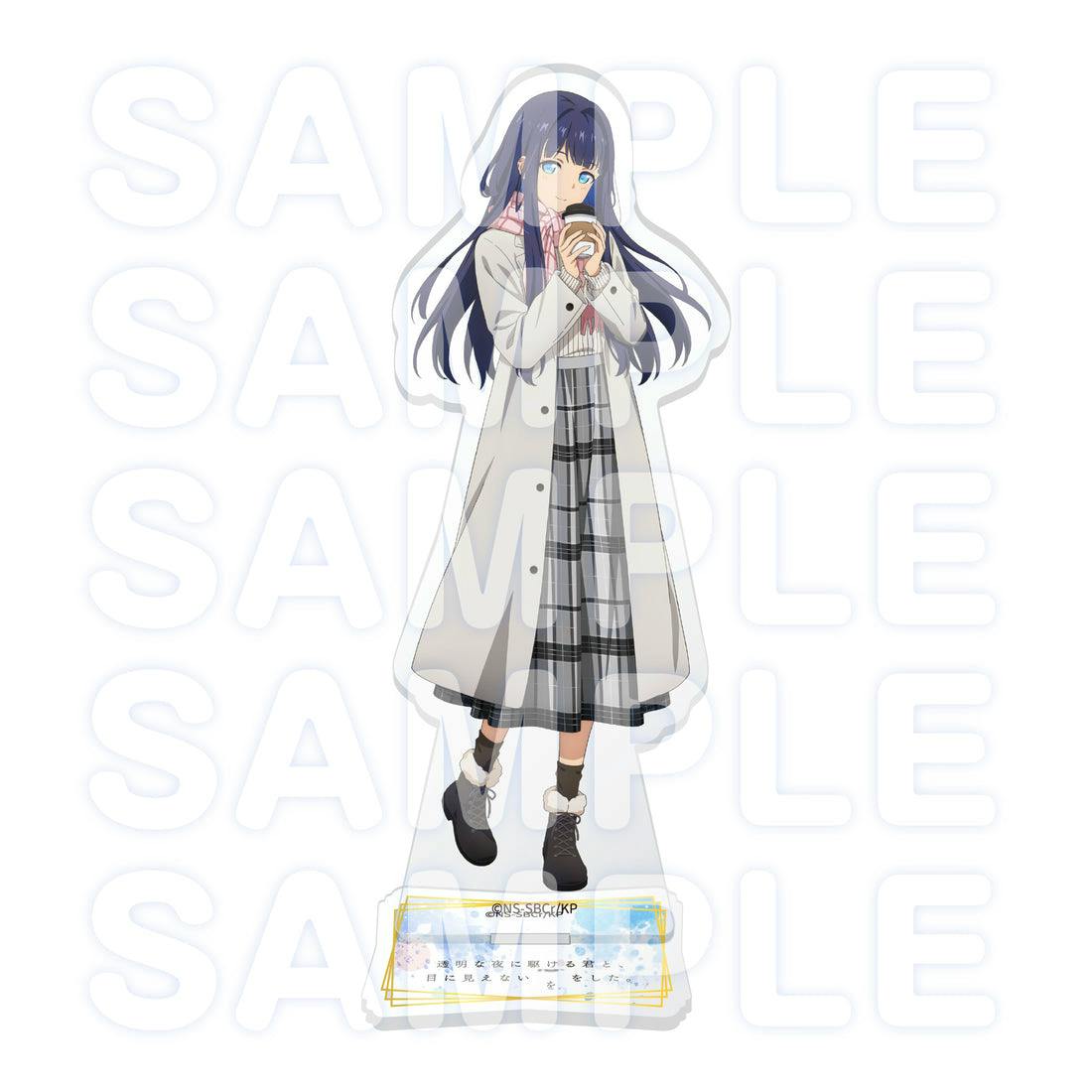 Front view of the acrylic decorative stand showing Koharu Fuyutsuki in winter clothes with the character attached to its base.