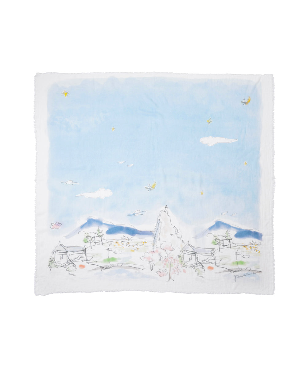 A square cotton scarf laid flat showing a pale blue sky and delicate landscape sketch design with fringed edges.