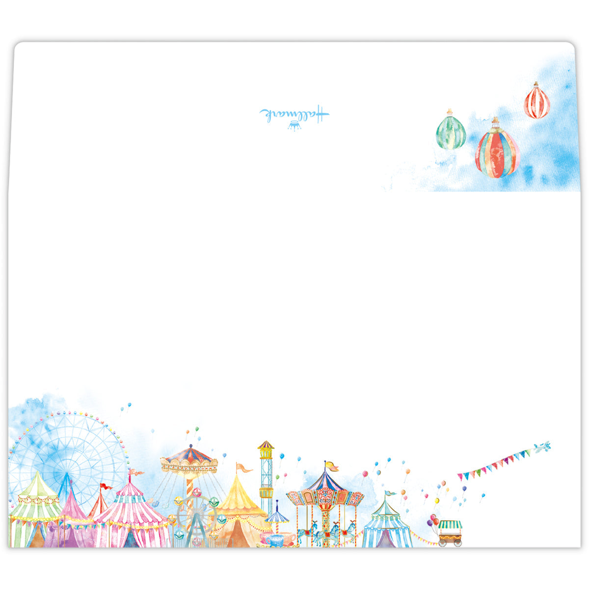 White envelope for a letter pad with watercolor-style carnival tents and hanging ornament illustrations.