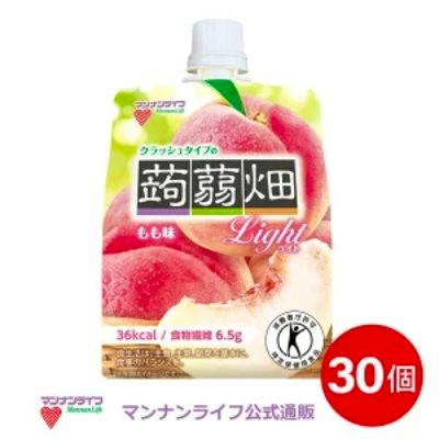 Front view of a peach-flavored konnyaku jelly pouch (Light) showing the product packaging and a red badge marked "30個".