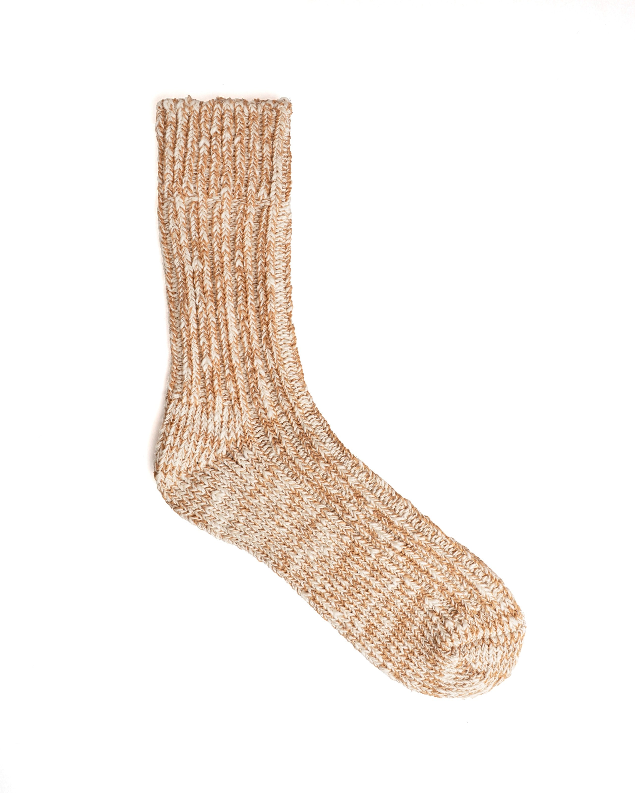 A coyote-colored low-gauge men's sock laid flat on a white background.
