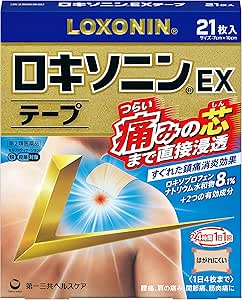 Front view of the ロキソニン EX テープ 21枚 product box showing branding and packaging artwork.