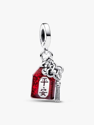 Silver Lucky Amulet double dangle charm showing a red amulet pendant with engraved characters, a silver knot, and a tassel.