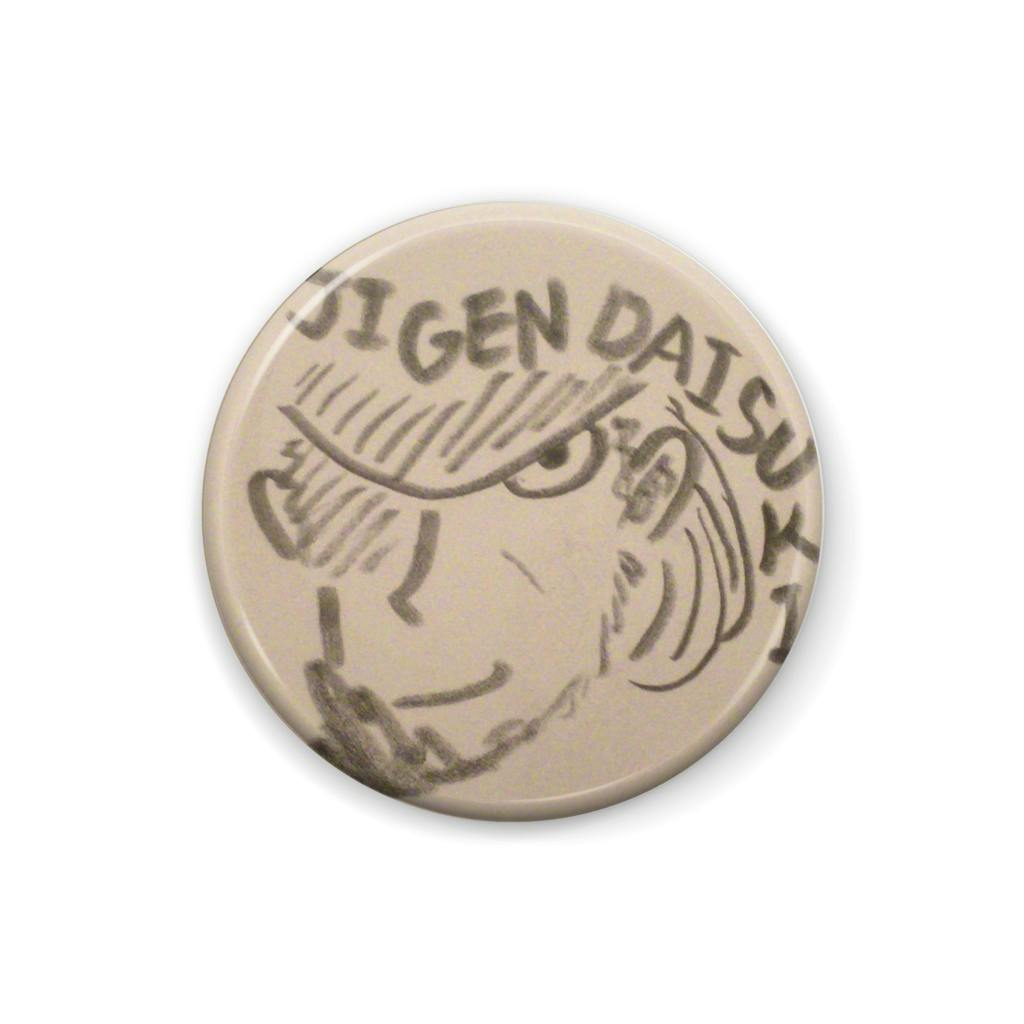 Close-up of a round can badge featuring a sketch of Jigen from Lupin III.