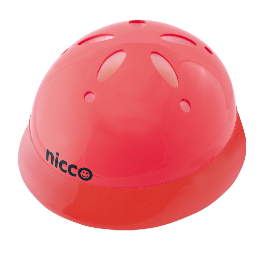 Red baby helmet with ventilation holes and "nicco" logo, photographed from above.