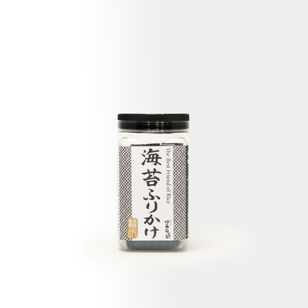 A clear jar of seaweed rice seasoning (ふりかけ) with a white Japanese label and a black screw lid placed on a white background.