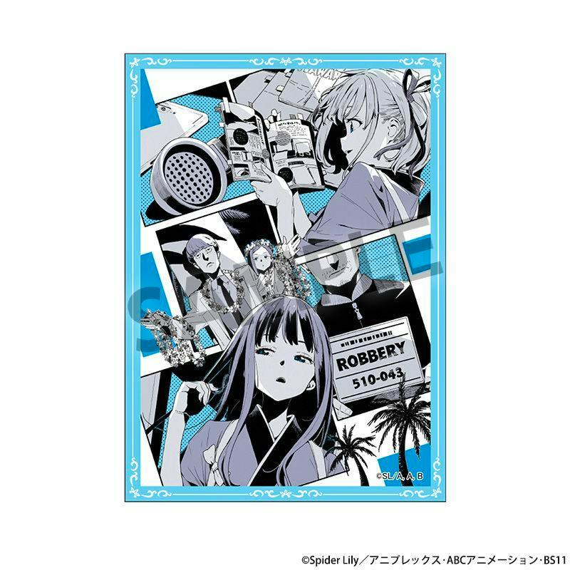 Paper sticker showing a blue-and-black illustrated collage of anime characters and a 'ROBBERY' sign, matching the Lycoris Recoil short movie sticker design.