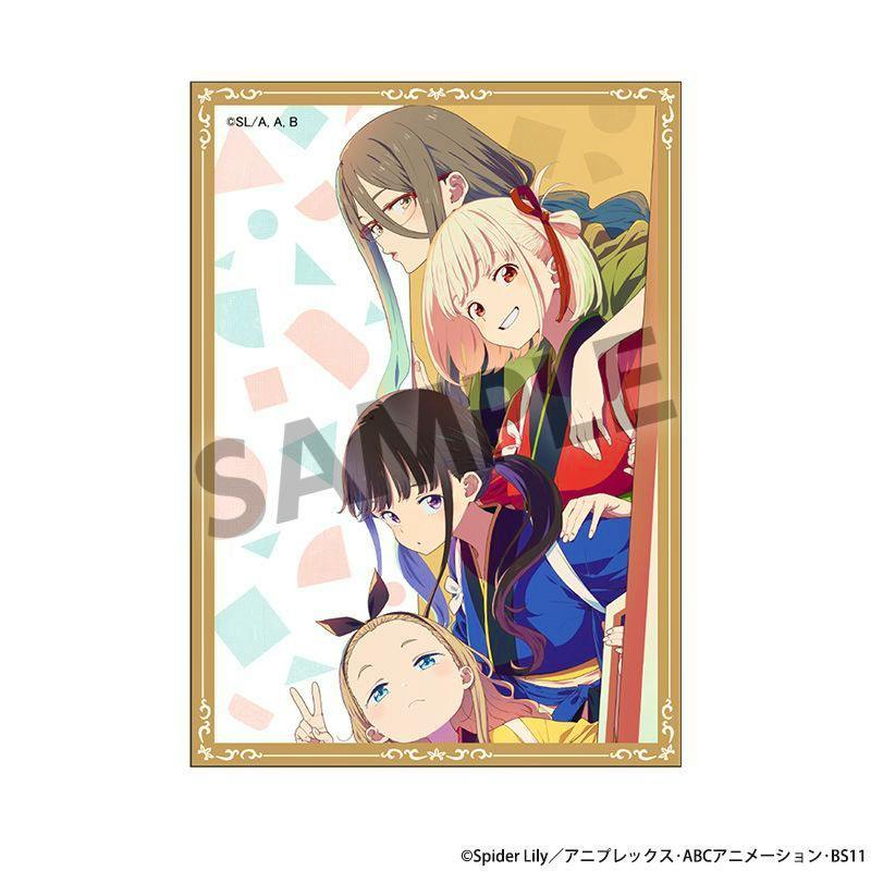 Paper sticker showing the Lycoris Recoil short-movie key visual artwork of four characters with a "SAMPLE" watermark.