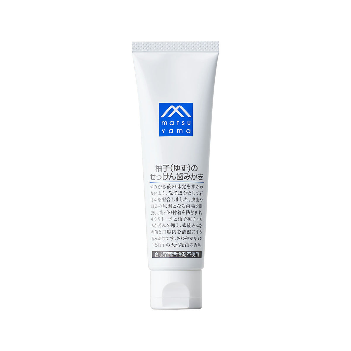 Front view of a white toothpaste tube from the M Mark series (yuzu soap toothpaste) showing a blue Matsuyama logo and Japanese text.
