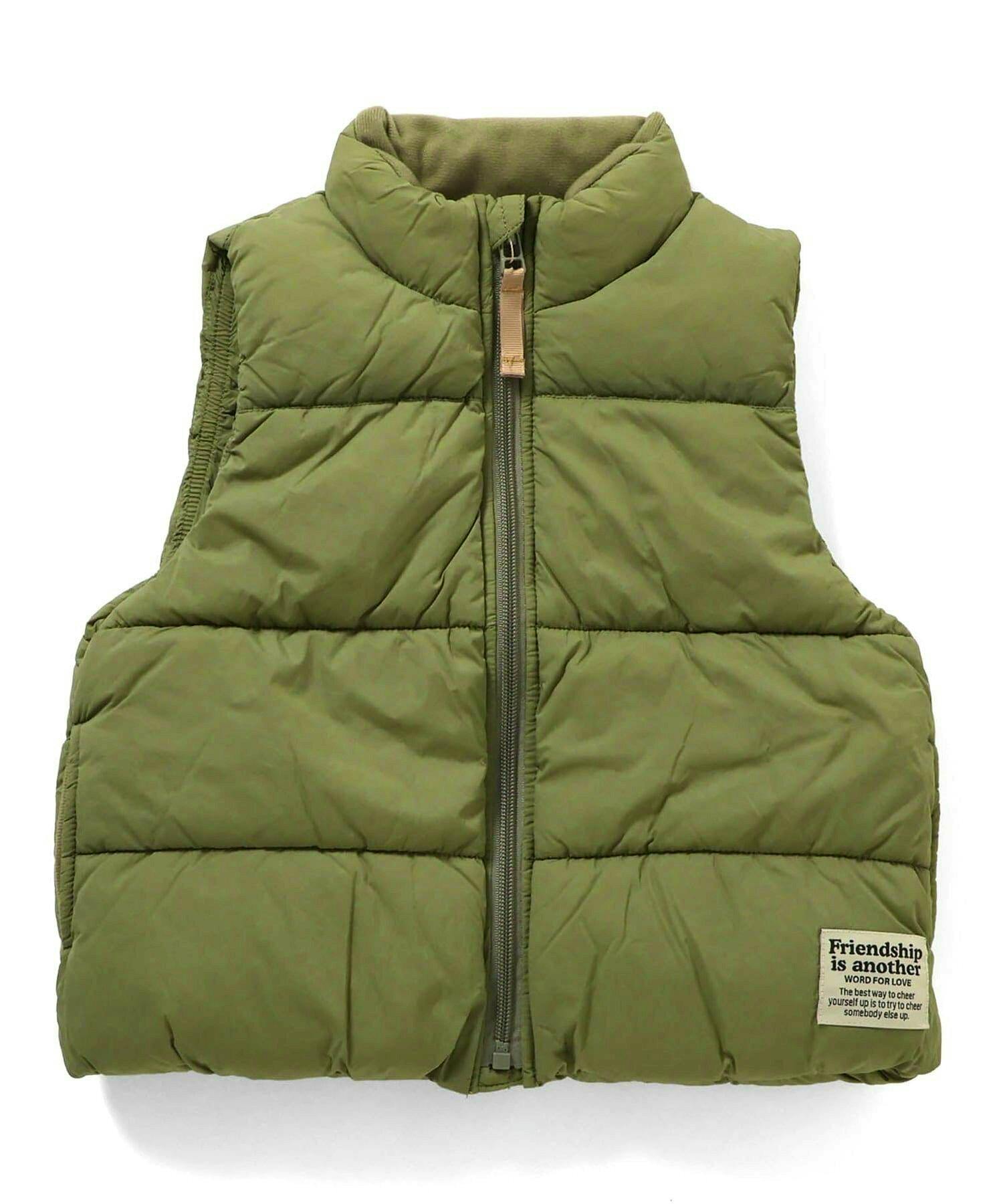 Front view of an olive green nylon insulated vest with a center zipper, high collar, and quilted panels.