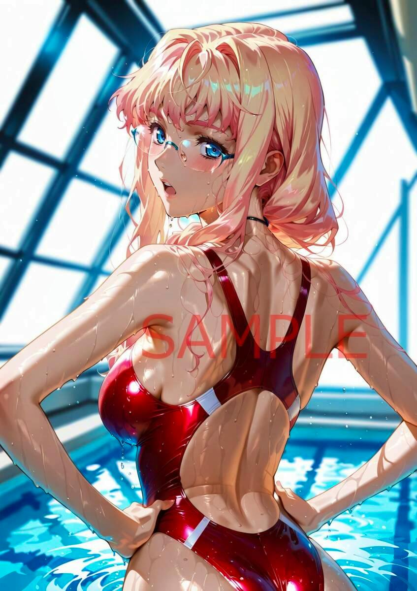 Poster image of a Macross Frontier character in a red one-piece swimsuit, wet and looking back over her shoulder while standing in a pool.