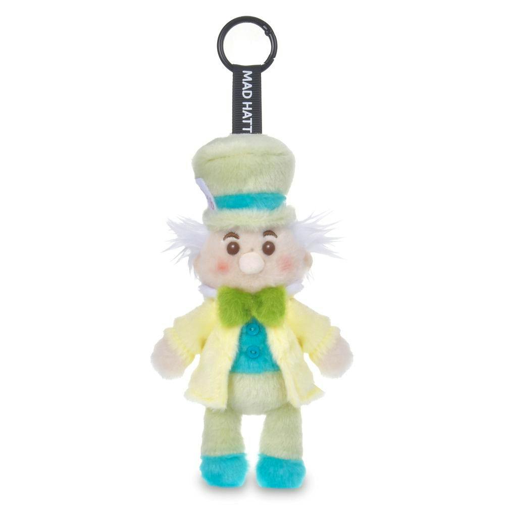 Front view of the Mad Hatter plush keychain showing the doll with a hat, green bow tie, yellow coat, and attached black key ring.