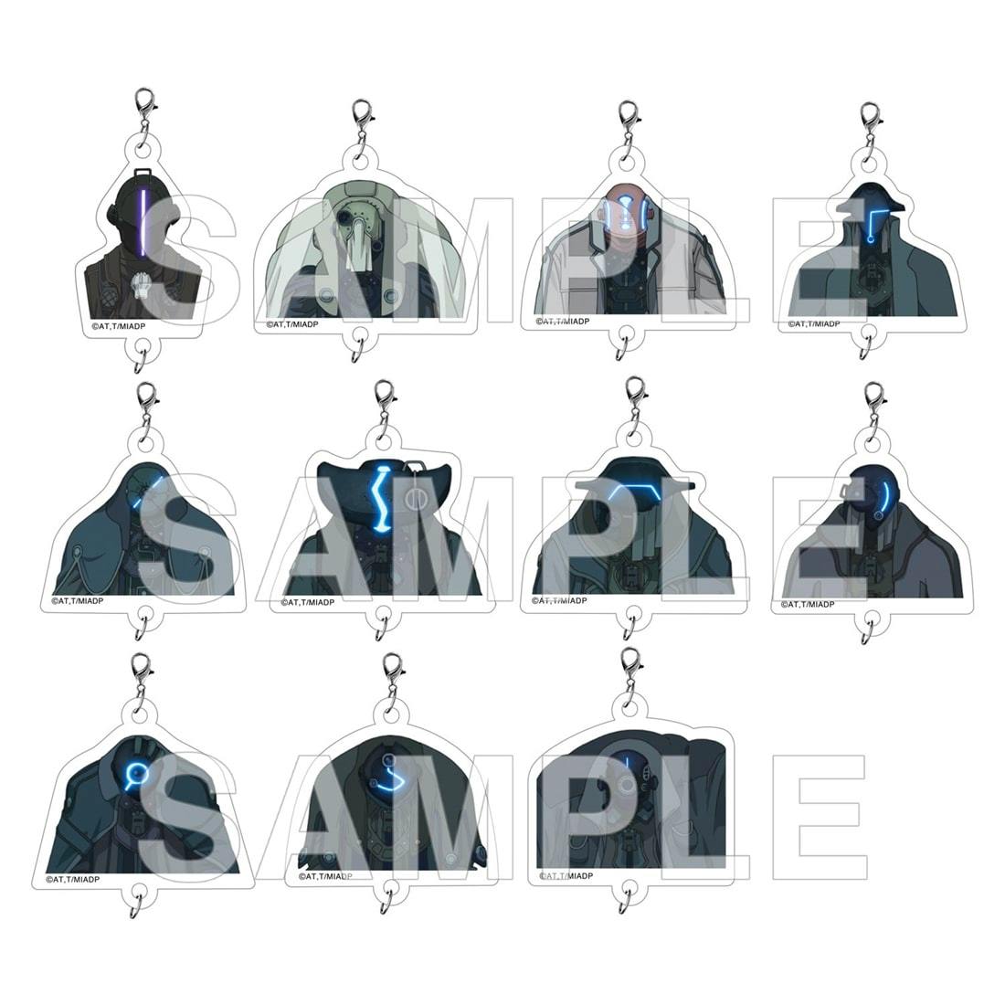 Multiple illustrated acrylic key holder charms showing Bondrewd and Umbra Hands designs with metal lobster clasps and a SAMPLE watermark.