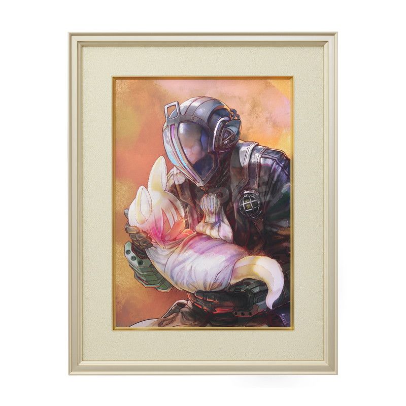 Framed digital art print showing a helmeted figure cradling a small creature, matted and displayed in a light wooden frame.