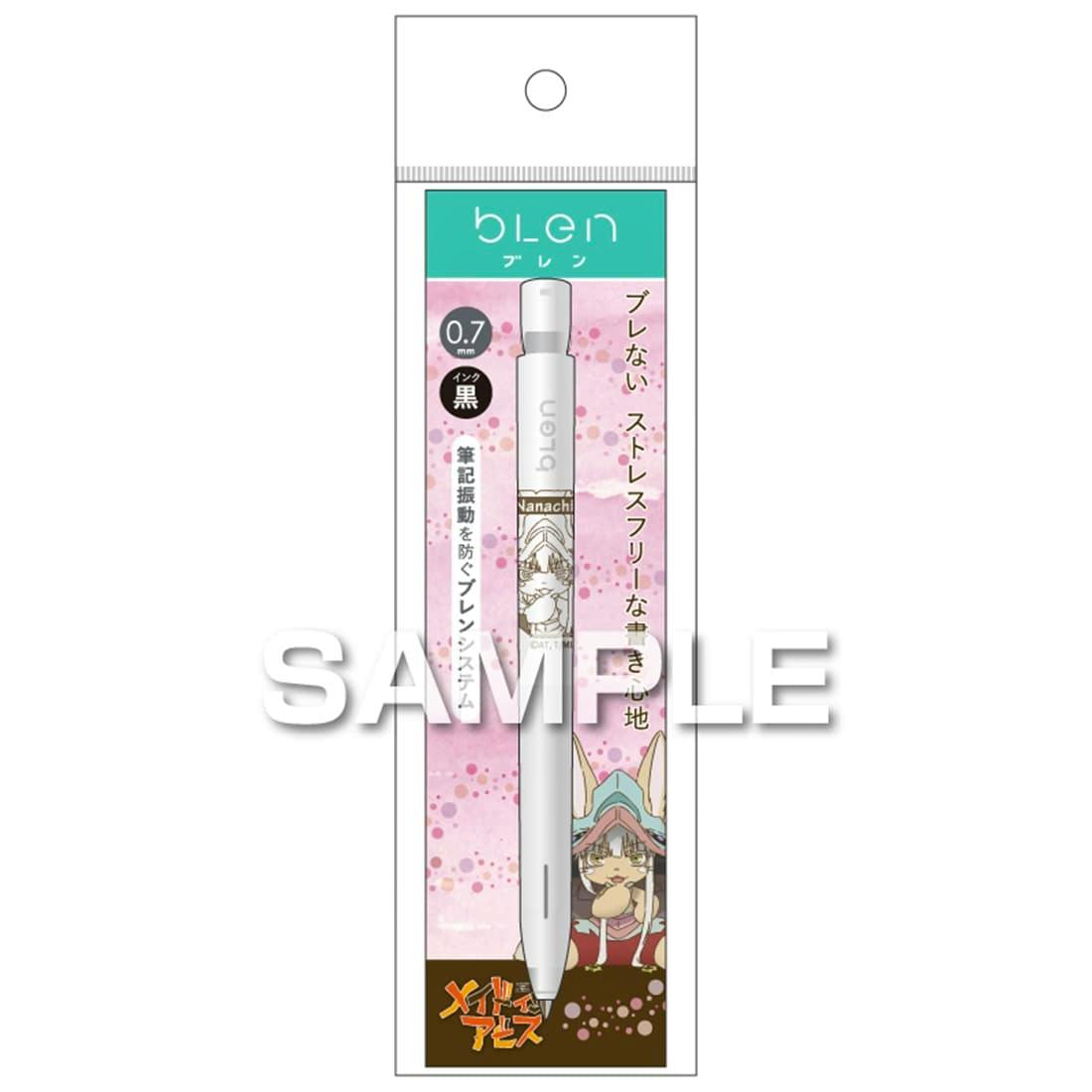 Packaged Made in Abyss ballpoint pen showing Nanachi artwork on a pink backing card.
