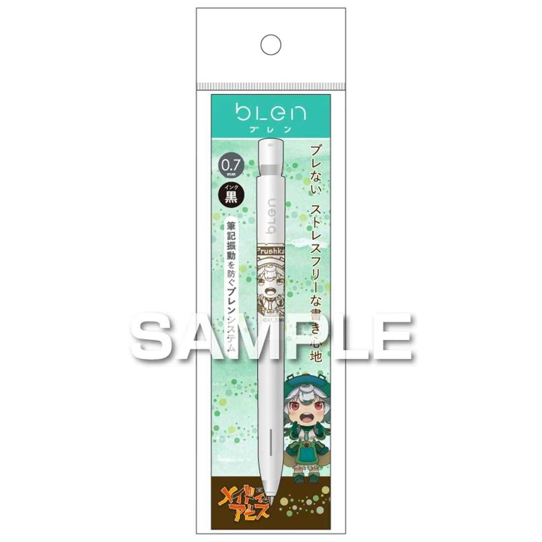 White Made in Abyss Prushka ballpoint pen shown in retail packaging with Prushka character artwork.