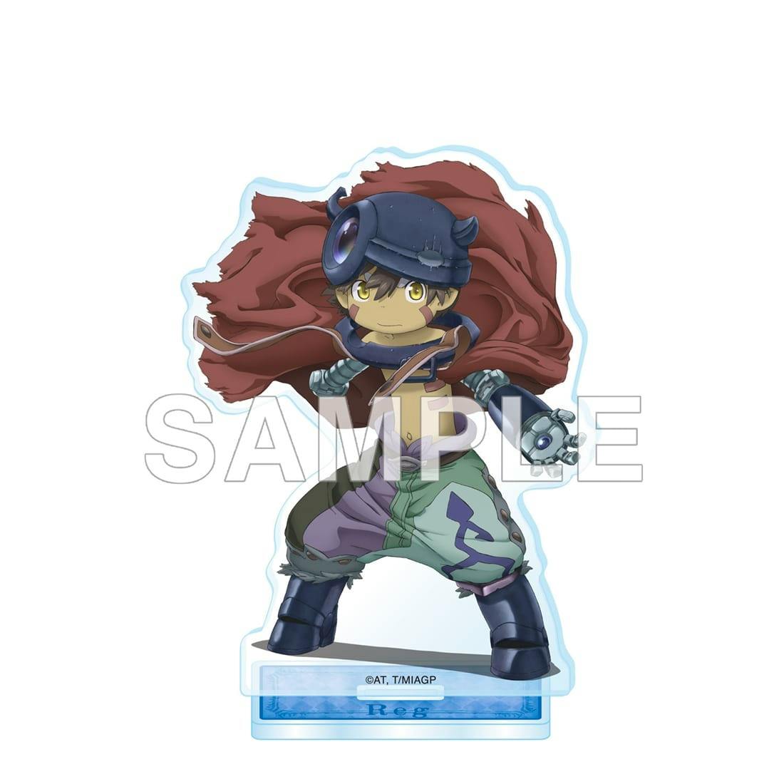 A full-body acrylic stand figure of Reg from Made in Abyss in a dynamic pose with a flowing cape and mechanical arm on a display base.