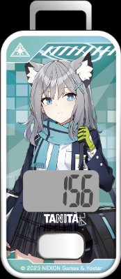 Front view of the FB-741 pedometer (Blue Archive model) showing an anime character graphic, the TANITA logo, and a digital step display reading 156.