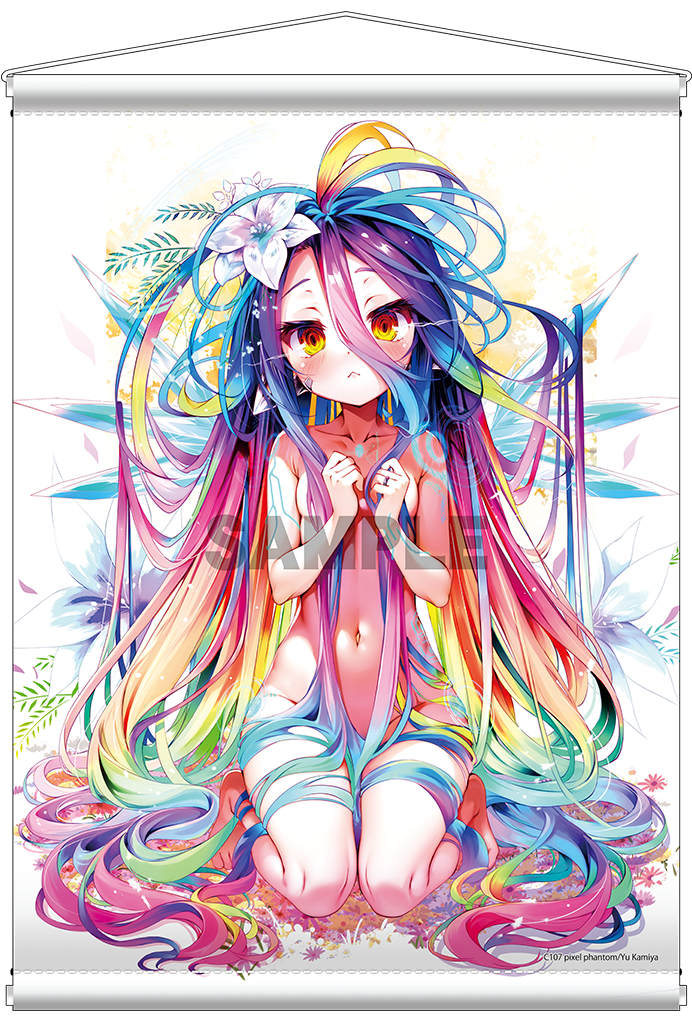 A B2 tapestry mockup showing the full printed design of a kneeling anime girl with long rainbow-colored hair, displayed hung on a rod against a white background.