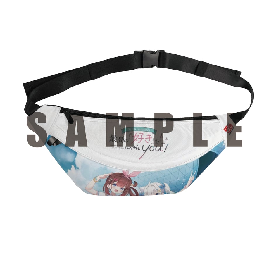 Front view of a polyester shoulder pouch with printed character artwork, black adjustable strap, and a SAMPLE watermark.