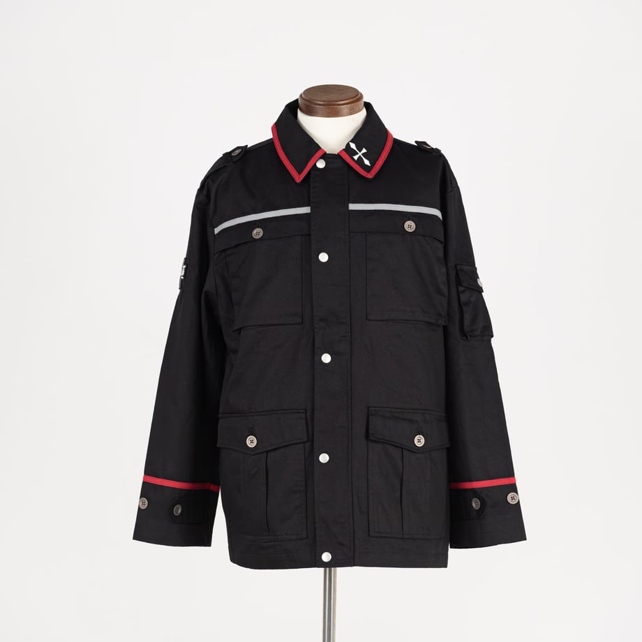 Front view of a black Kuromorimine Girls' Academy military jacket displayed on a mannequin.