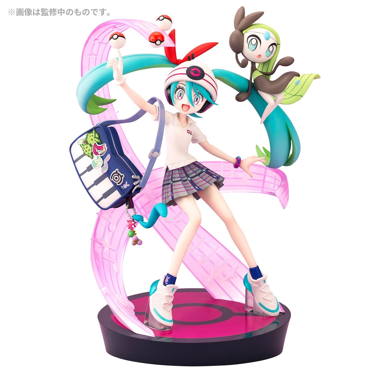 A colorful posed figure of Hatsune Miku (Esper) with Meloetta on a pink display base.
