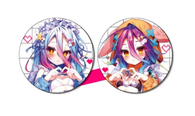 Two round can badges shown side-by-side with illustrated anime characters in maid swimsuits.